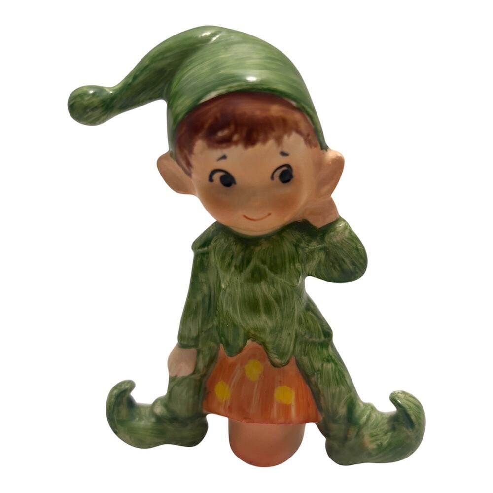 Vintage 1950s Lefton Elf Pixie Sitting on a Mushroom Figurine